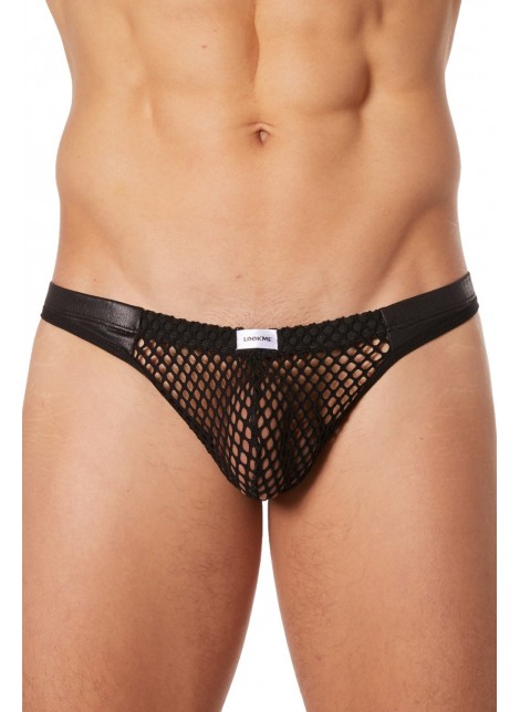 String noir filet avec bandes simili cuir - LM911-57MBLK