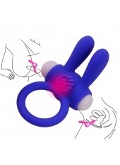 Anneau vibrant silicone bleu avec oreilles de lapin - COR-003BLU